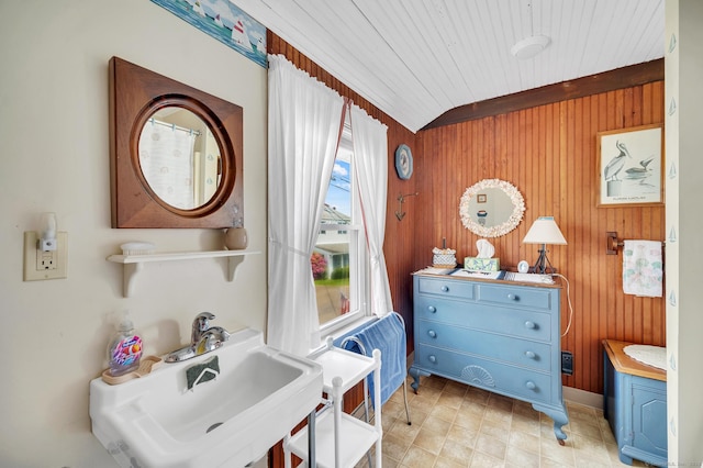 7 Meriden Ave, Westbrook, CT 06498 - bathroom with a sink, wood walls, and wooden ceiling