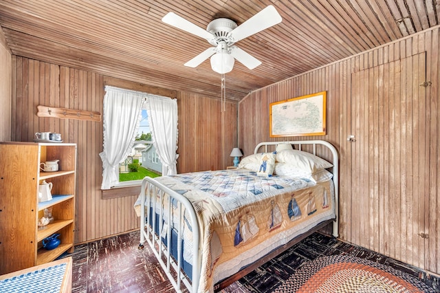 7 Meriden Ave, Westbrook, CT 06498 - bedroom featuring wood walls, wood ceiling, and a ceiling fan