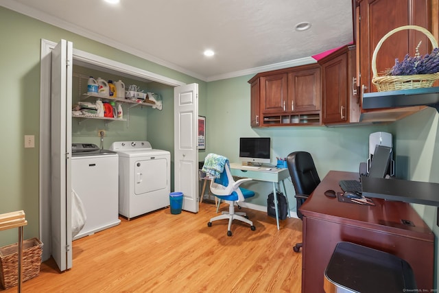 1704 Hill St, Suffield, CT 06078 - office area featuring washer and dryer, light wood finished floors, crown molding, and recessed lighting