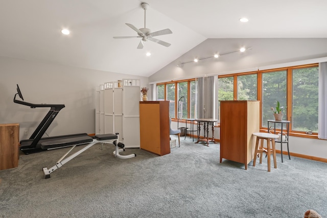 1704 Hill St, Suffield, CT 06078 - exercise area featuring lofted ceiling, a ceiling fan, carpet flooring, and recessed lighting