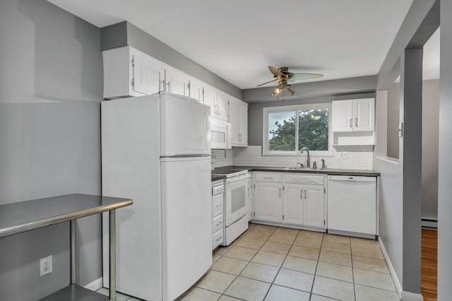19 Harbour Vlg Unit B, Branford, CT 06405 - kitchen with white appliances, a ceiling fan, dark countertops, white cabinets, and tasteful backsplash