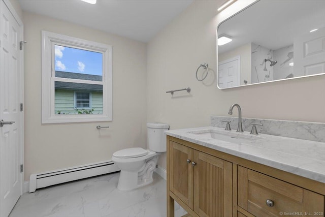 121 Lurton St, New Britain, CT 06053 - bathroom with baseboard heating, marble finish floors, vanity, toilet, and baseboards