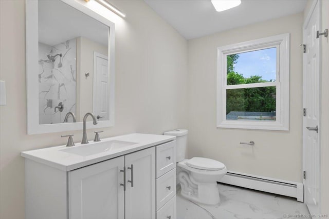 121 Lurton St, New Britain, CT 06053 - full bathroom with a baseboard heating unit, marble look tiles, vanity, toilet, and a marble finish shower