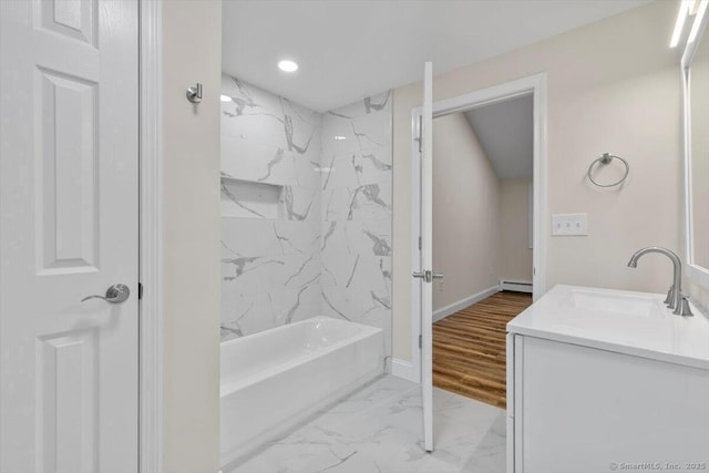 121 Lurton St, New Britain, CT 06053 - full bathroom featuring vanity, marble finish flooring, bathing tub / shower combination, recessed lighting, and a baseboard radiator