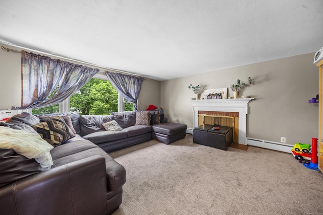 327 Steele St, New Britain, CT 06052 - carpeted living room with baseboard heating and a fireplace with flush hearth