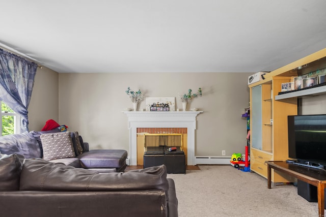 327 Steele St, New Britain, CT 06052 - carpeted living room with a brick fireplace and a baseboard heating unit