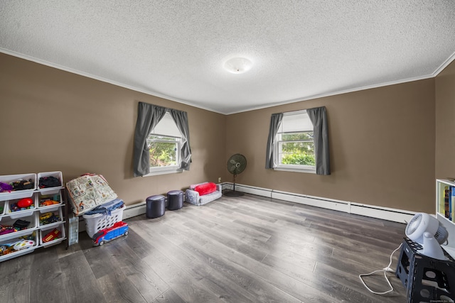 327 Steele St, New Britain, CT 06052 - rec room featuring ornamental molding, a baseboard radiator, wood finished floors, a textured ceiling, and baseboards