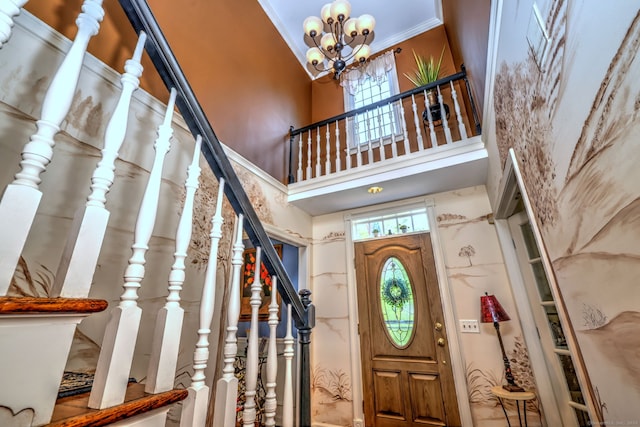 19 Old Colony Rd Unit 19, Monroe, CT 06468 - entryway featuring a chandelier, crown molding, stairs, and a high ceiling
