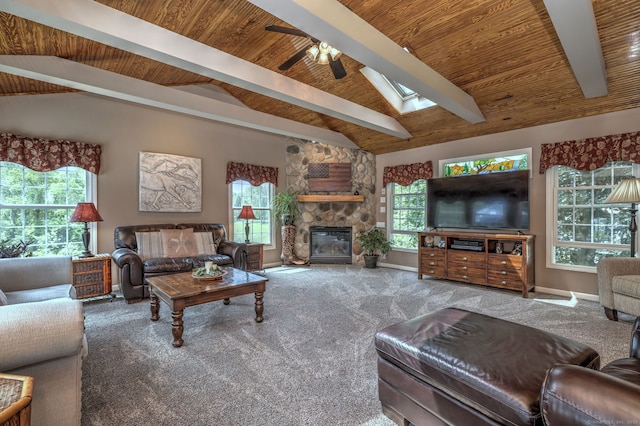 19 Old Colony Rd Unit 19, Monroe, CT 06468 - living area featuring carpet, a ceiling fan, a skylight, a stone fireplace, and wood ceiling