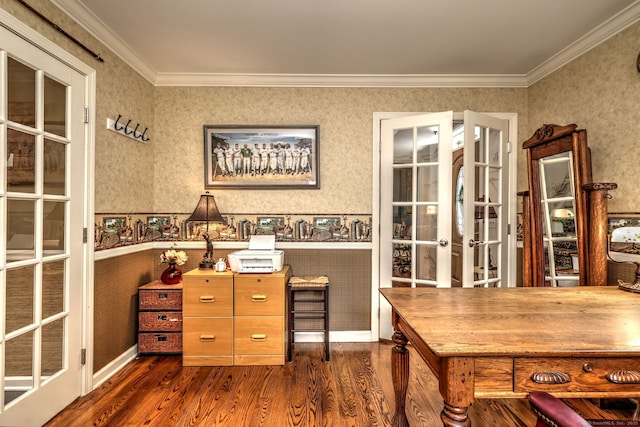 19 Old Colony Rd Unit 19, Monroe, CT 06468 - office area with wallpapered walls, french doors, dark wood-style floors, crown molding, and a wainscoted wall