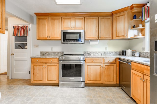 20 Wescott Rd, Simsbury, CT 06070 - kitchen featuring stainless steel appliances, open shelves, and light stone counters
