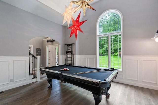 86 Charolais Way, Burlington, CT 06013 - recreation room featuring arched walkways, wainscoting, a decorative wall, billiards, and wood finished floors
