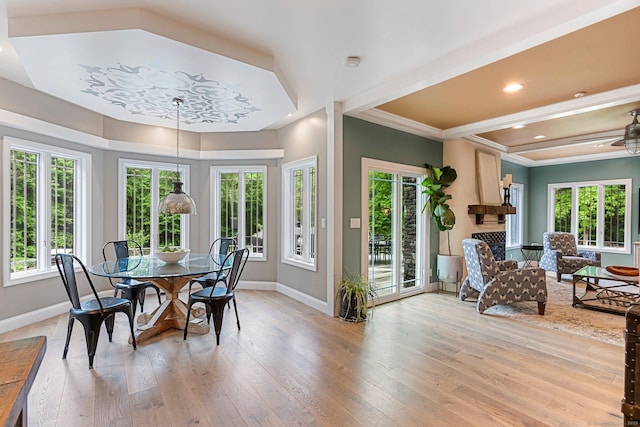 86 Charolais Way, Burlington, CT 06013 - dining room featuring baseboards, plenty of natural light, light wood-type flooring, a fireplace, and crown molding