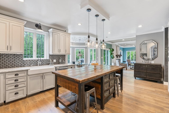 86 Charolais Way, Burlington, CT 06013 - kitchen with a sink, ornamental molding, light wood finished floors, backsplash, and hanging light fixtures