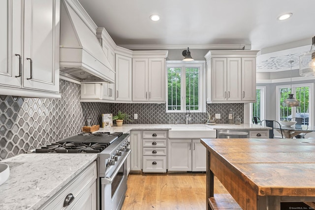 86 Charolais Way, Burlington, CT 06013 - kitchen featuring custom exhaust hood, stainless steel appliances, a sink, light wood finished floors, and light stone countertops