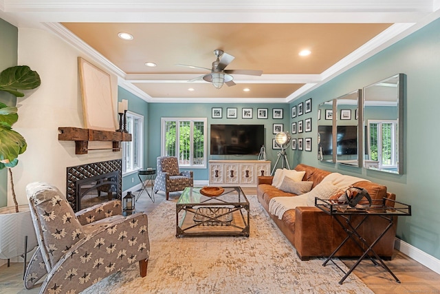 86 Charolais Way, Burlington, CT 06013 - living room with baseboards, a fireplace, a ceiling fan, ornamental molding, and recessed lighting