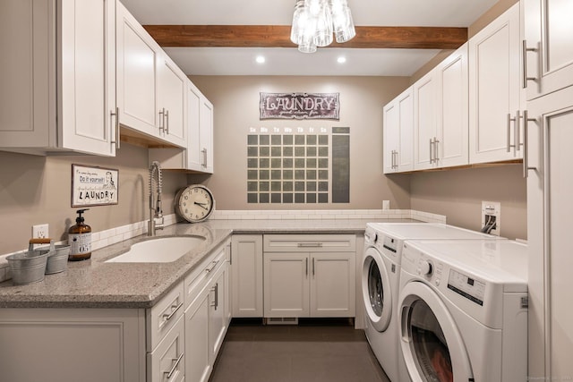 86 Charolais Way, Burlington, CT 06013 - laundry area featuring washer and clothes dryer, cabinet space, recessed lighting, and a chandelier