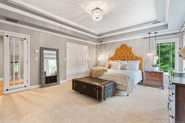 86 Charolais Way, Burlington, CT 06013 - carpeted bedroom with crown molding, a tray ceiling, a chandelier, and baseboards