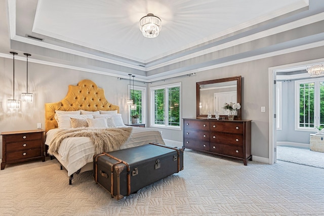 86 Charolais Way, Burlington, CT 06013 - bedroom featuring a chandelier, light carpet, a tray ceiling, and ornamental molding