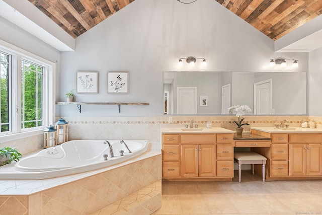 86 Charolais Way, Burlington, CT 06013 - bathroom with wood ceiling, double vanity, a bath, tile patterned floors, and high vaulted ceiling