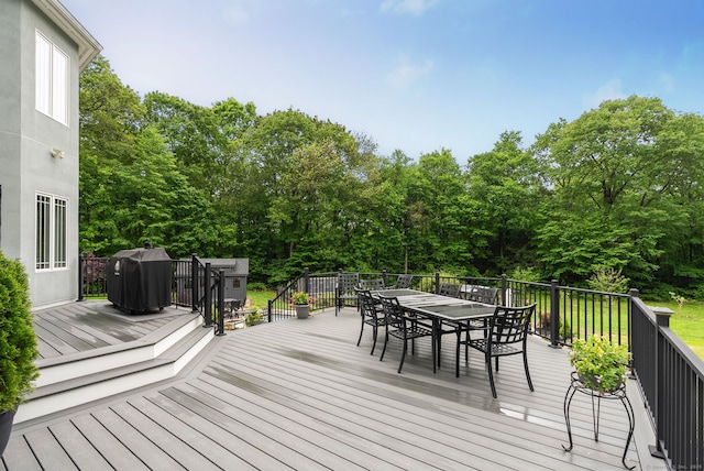 86 Charolais Way, Burlington, CT 06013 - wooden deck featuring outdoor dining space, area for grilling, and view of wooded area