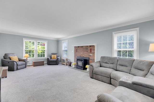 36 Holly Ln, Middletown, CT 06457 - carpeted living room featuring ornamental molding, a baseboard heating unit, and a wood stove