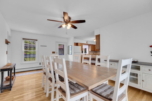 36 Holly Ln, Middletown, CT 06457 - dining space featuring a baseboard radiator, ceiling fan, and light wood-style flooring