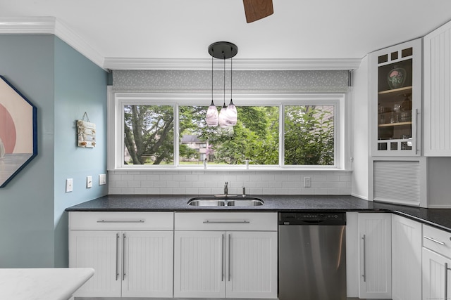 85 Viscount Dr Unit 15C, Milford, CT 06460 - kitchen with stainless steel dishwasher, a sink, ornamental molding, tasteful backsplash, and white cabinets