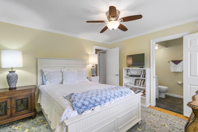 85 Viscount Dr Unit 15C, Milford, CT 06460 - bedroom with ornamental molding, wood finished floors, ensuite bathroom, a ceiling fan, and baseboards