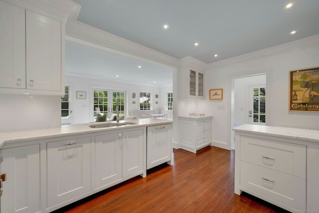 6 Prescott Ln, Greenwich, CT 06830 - kitchen with a sink, white cabinetry, dark wood-style flooring, dishwashing machine, and recessed lighting