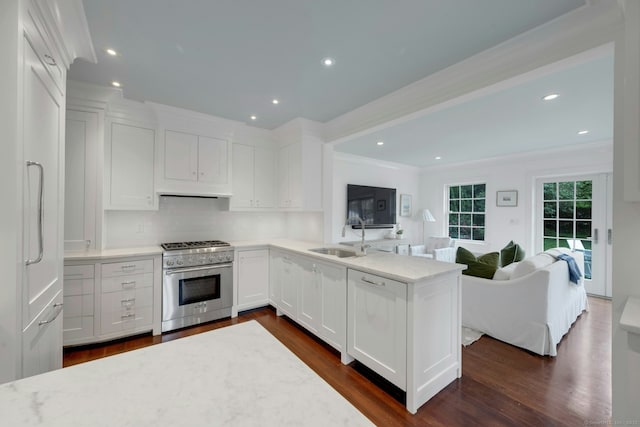 6 Prescott Ln, Greenwich, CT 06830 - kitchen with high end stainless steel range oven, a sink, open floor plan, white cabinets, and recessed lighting
