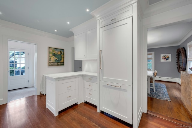 6 Prescott Ln, Greenwich, CT 06830 - kitchen with crown molding, a peninsula, white cabinetry, healthy amount of natural light, and dark wood-style floors