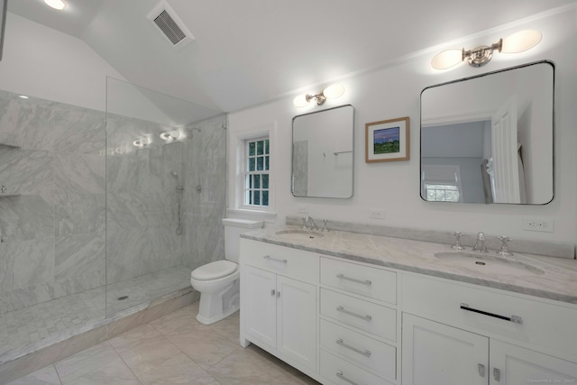 6 Prescott Ln, Greenwich, CT 06830 - bathroom featuring a walk in shower, toilet, double vanity, marble finish floors, and vaulted ceiling