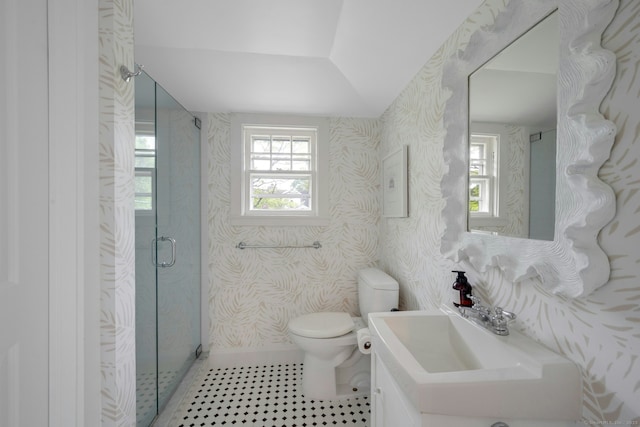 6 Prescott Ln, Greenwich, CT 06830 - full bath with wallpapered walls, toilet, vanity, plenty of natural light, and a stall shower