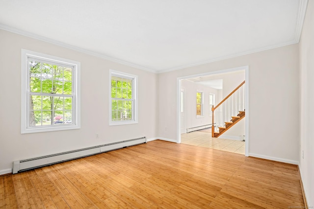 22 Loomis Dr, Coventry, CT 06238 - unfurnished room with a baseboard radiator, a baseboard heating unit, stairway, healthy amount of natural light, and ornamental molding