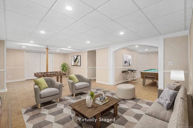 22 Loomis Dr, Coventry, CT 06238 - living room featuring pool table, recessed lighting, arched walkways, a paneled ceiling, and baseboards