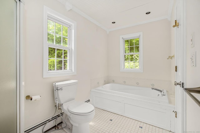 22 Loomis Dr, Coventry, CT 06238 - full bath with a garden tub, tile patterned flooring, toilet, a baseboard radiator, and ornamental molding