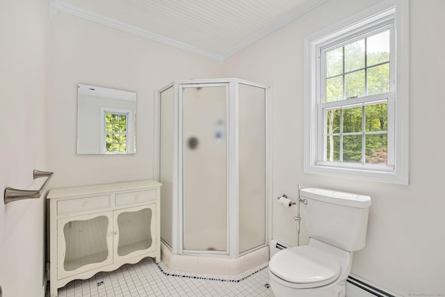 22 Loomis Dr, Coventry, CT 06238 - full bath featuring a baseboard heating unit, a shower stall, toilet, ornamental molding, and tile patterned floors