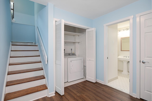 45 Ettl Ln Unit 301, Greenwich, CT 06831 - stairs with wood finished floors, baseboards, and separate washer and dryer