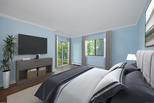 45 Ettl Ln Unit 301, Greenwich, CT 06831 - bedroom featuring crown molding, wood finished floors, baseboard heating, access to exterior, and baseboards