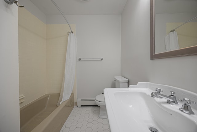 45 Ettl Ln Unit 301, Greenwich, CT 06831 - bathroom with baseboard heating, toilet, a sink, shower / bath combo, and tile patterned flooring