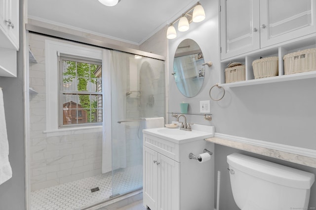 151 Alsace St, Bridgeport, CT 06604 - bathroom featuring toilet, vanity, a stall shower, and crown molding