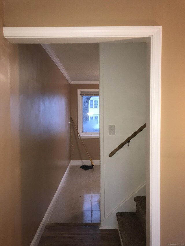 19 Outlook St, East Hartford, CT 06108 - staircase with baseboards, ornamental molding, and wood finished floors