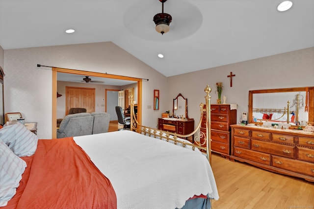 9 Marion Ct, North Haven, CT 06473 - bedroom featuring light wood-style flooring, vaulted ceiling, a ceiling fan, and recessed lighting