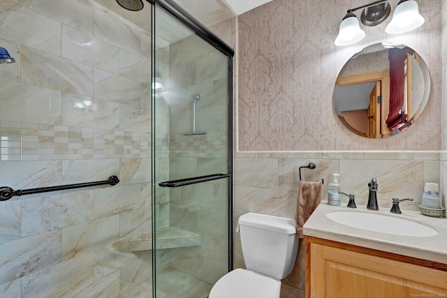 9 Marion Ct, North Haven, CT 06473 - full bath with wallpapered walls, a stall shower, vanity, and wainscoting