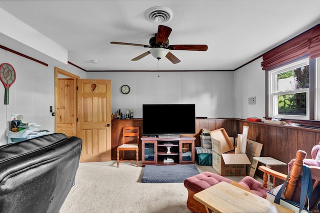 9 Marion Ct, North Haven, CT 06473 - living area with ceiling fan, carpet flooring, and crown molding