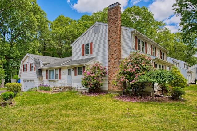 26 Lighthouse Hill Rd, Windsor, CT 06095 - view of front of home with a chimney, an attached garage, a front lawn, and roof with shingles