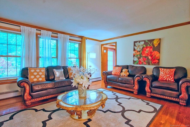 26 Lighthouse Hill Rd, Windsor, CT 06095 - living room featuring a baseboard heating unit, crown molding, wood finished floors, and healthy amount of natural light