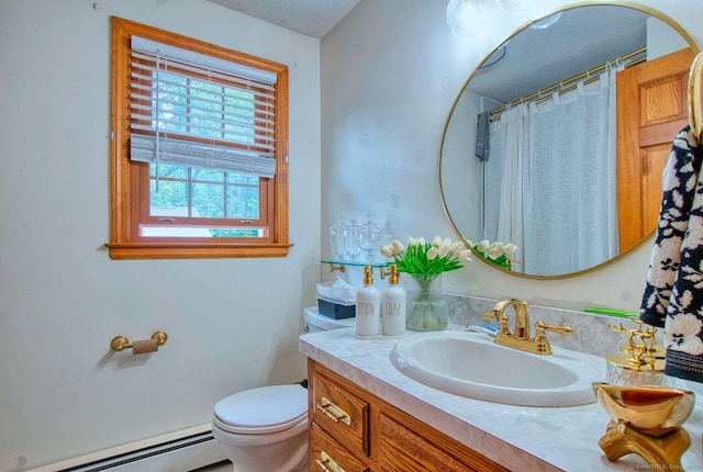 26 Lighthouse Hill Rd, Windsor, CT 06095 - full bath with a baseboard radiator, vanity, toilet, a textured ceiling, and a shower with curtain