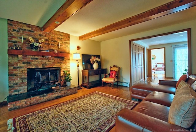 26 Lighthouse Hill Rd, Windsor, CT 06095 - living area featuring wood finished floors, baseboard heating, a brick fireplace, and beam ceiling